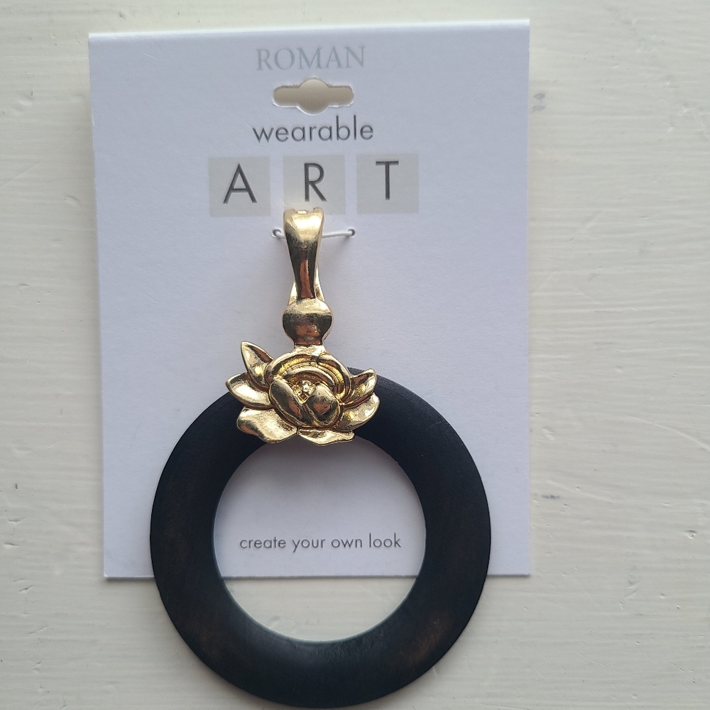 New Pendant, Gold Colored Rose On Black Ring